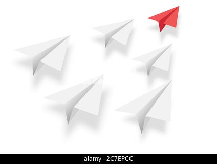 White paper planes flying in one direction. Red plane changing ...