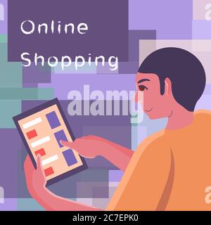 Online shopping text on mosaic backdrop. Internet order with copy space for social banner, web store or Courier service poster. Online shop logo or in Stock Vector