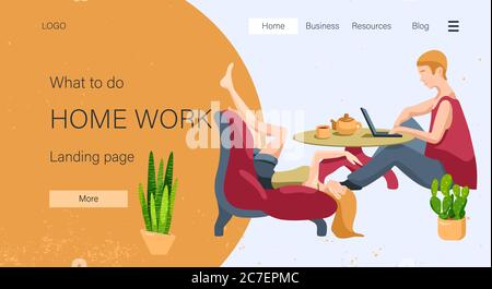 Homework text on orange backdrop. Landing page with copy space for social banner, remote job vacancy, website info card, labor exchange. Web template Stock Vector