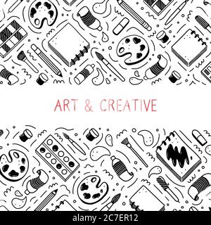 Hand drawn set of creative artist tools element, brush, pencil, paint, sketchbook, marker. Doodle sketch style. Artist element drawn by digital pen. Vector illustration for banner, icon, craft design Stock Vector