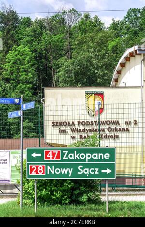 Poland, Rabka Zdroj: Road signs showing the way to some popular tourist attractions. Stock Photo