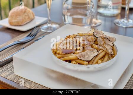 Pasta with autumn black truffles Stock Photo