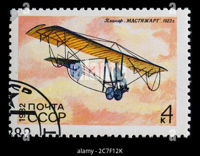 RUSSIA, USSR - CIRCA 1982: A postage stamp from USSR showing glider AVF-3 Mastyazhart 1923 Stock Photo