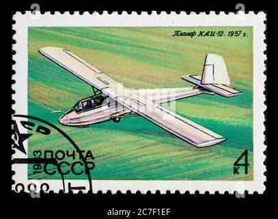 RUSSIA, USSR - CIRCA 1983: A postage stamp from USSR showing glider KAI-12 Primorets 1957 Stock Photo