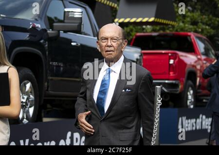 Washington, United States. 16th July, 2020. Wilbur Ross, U.S. commerce secretary, departs following an event on the South Lawn of the White House in Washington, DC, on Thursday, July 16, 2020. President Trump announced a rollback of government regulations that the administration will spur economic development whereas critics say the rollback will pollute the environment causing health risks to Americans. Photo by Al Drago/UPI Credit: UPI/Alamy Live News Stock Photo