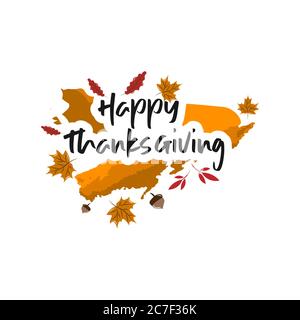 Happy Thanksgiving Calligraphy Text with Illustrated Green Leaves Over White Background, Vector Typography.EPS 10 Stock Vector