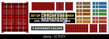 Cargo Container. Vector. Set. Logistics delivery container. Isolated object. Red, blue, yellow, green, brown. Back, front and side. Shipment delivery Stock Vector