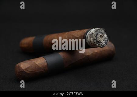 Double robusto cigars with dark wrapper on black background. Stock Photo