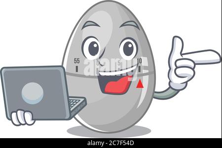 Smart cartoon character of egg kitchen timer studying at home with a laptop Stock Vector