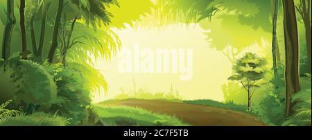 Road in the forest landscape. Vector. Beautiful view, green deciduous trees, shrubs, thickets. Spring, summer day. Background image. Stock Vector