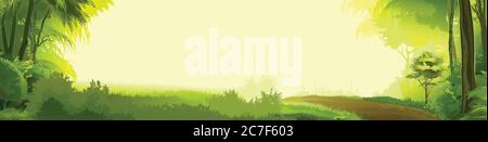 Forest landscape with a road, trees, shrubs and grass. Scenery horizontally. With a sunny background for text. Vector illustration. Stock Vector