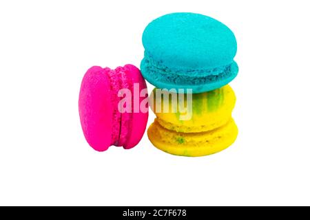 Sweet and colourful french macaroons or macaron  isolated on white background.Saved with clipping path. Stock Photo