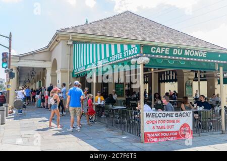 New Orleans, Louisiana/USA - 6/20/2020: Cafe Du Monde in the French Quarter During Phase 2 of the Corona Virus Lockdown Stock Photo