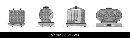 Waffle-iron. Set of waffle makers isolated on white. Cooking breakfast. Modern vector illustration in flat cartoon style. Stock Vector