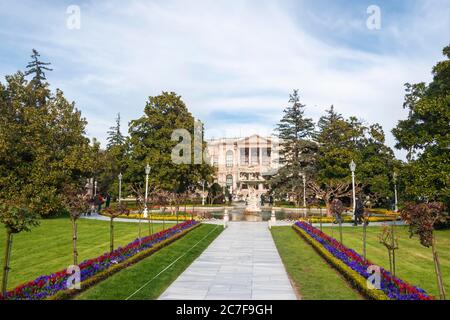 Dolmabahce Palace, gardens and fountains in the park, Besiktas, Istanbul, Turkey Stock Photo