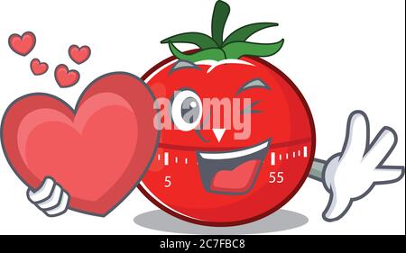 A lovable tomato kitchen timer caricature design style holding a big heart Stock Vector