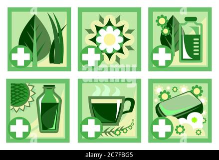 Symbols of herbal medicine. Vector. Set. Medical website, banners, booklets. Leaves, herbs, flowers, roots, medicinal herbal teas, tinctures, oils, de Stock Vector