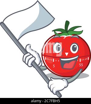 A brave tomato kitchen timer mascot character design holding a white flag Stock Vector
