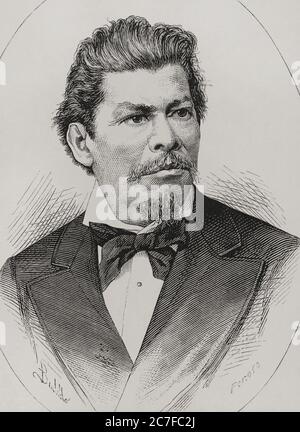 Ignacio Manuel Altamirano Basilio (1834-1893). Escritor y político mexicano. Considerado el creador de la literatura nacional mexicana y maestro de la segunda generación romántica. Dibujo por Badillo. Grabado por Penoso. La Ilustración Española y Americana,1878. Stock Photo