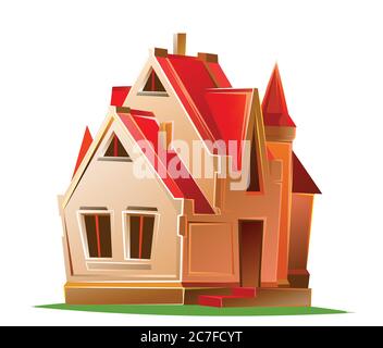 Cartoon house. Cozy cottage with a red roof. Isolated vector object on white background. Beautiful building.  Rural village, suburb. Fairytale cute Stock Vector