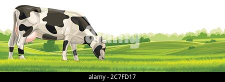 Cow, hills and meadows. Pasture fields, green grass. Horizontal rural landscape. Vector illustration isolated on a white background. Stock Vector