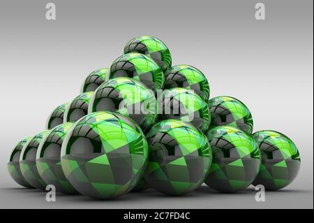 3D pyramid of spheres with a glossy finish and an abstract pattern in the form of geometric shapes Stock Photo