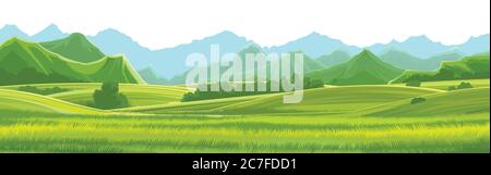 Meadows, hills and mountains. Vector background. Alpine green pastures, grass. Horizontal landscape. Summer, spring day. Scenery. Stock Vector