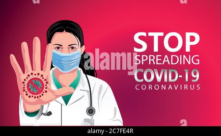 lady doctor using mask with open hand doing stop covid-19 or coronavirus sign with serious and confident expression, vector illustration Stock Vector