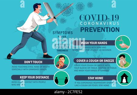 Doctor fighting with coronavirus pandemic or coronavirus disease 2019 COVID-19. Informing people about self protective measures, treatment and prevent Stock Vector