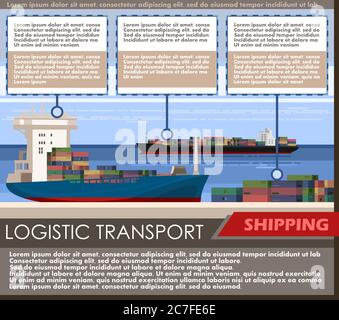 Cargo ship at the dock. Vector. Poster for logistics transport company. There is space for texts about large and small ships, about cargo in the dock Stock Vector