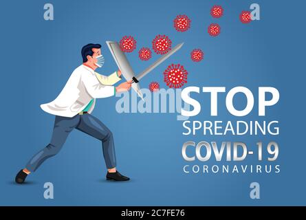 Doctor fighting with coronavirus pandemic or coronavirus disease 2019 COVID-19. Informing people about self protective measures, treatment and prevent Stock Vector