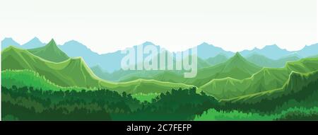 Mountains silhouette landscape vector. Mount range Scenery. Skyline panorama. Horizon. Deciduous forest, green trees. Art. Beautiful view. Stock Vector