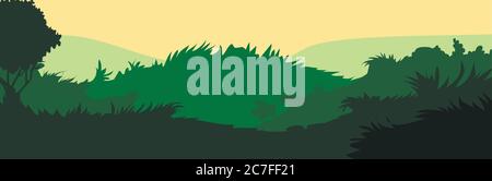 Meadow silhouette deciduous. Vector. Summer landscape with grass. Panoramic view. Green scenic. Plant illustration. Stock Vector