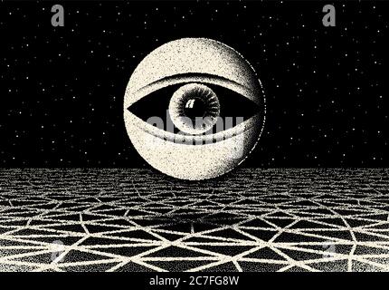 Retro dotwork landscape with 60s or 80s styled alien robotic space eye over the desert planet on the background with old sci-fi style Stock Vector