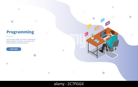 Programing man sitting chair work on laptop campaign for web website home homepage landing template banner with isometric cartoon style Stock Vector