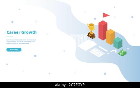 Career growth people standing sitting near big trophy chart box campaign for web website home homepage landing template banner with isometric cartoon Stock Vector