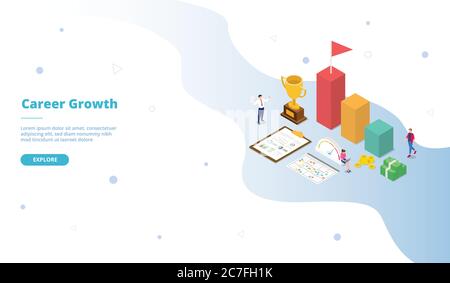 Career growth people standing sitting near big trophy chart box campaign for web website home homepage landing template banner with isometric cartoon Stock Vector