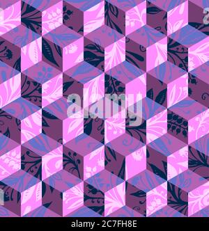Isometric geometric seamless pattern with overlay of hand-drawn and traced floral pattern, can be used in cover design, book design, poster, cd cover, flyer, website backgrounds or advertising. Stock Vector