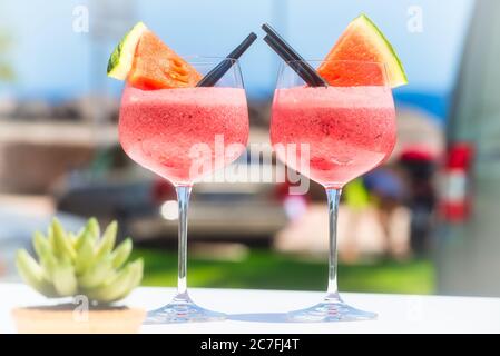 delicious fresh-squeezed refreshing non-alcoholic watermelon cocktail, the best thing to drink on a hot summer day Stock Photo