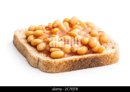Toast bread with baked beans isolated on white background. Stock Photo