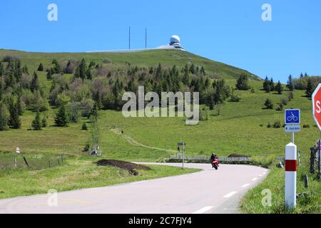 Popular excursion destination for motorcyclists: The Grand Ballon in Alsace, highest mountain in the Vosges Stock Photo