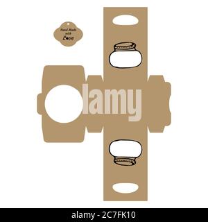Simple Packaging Box Die Cut Cube Template with jar and tag with text “Thank You Hand Made with Love” on white background - Vector Draw Graphic Design Stock Vector