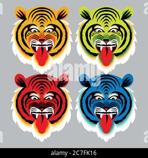 angry tiger face. isolated on white background. icon logo mascot vector illustration. color full mask cutout Stock Vector