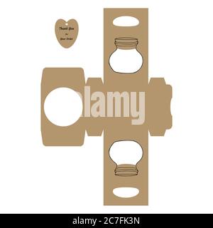 Simple Packaging Box Die Cut Cube Template with jar and tag with text “Thank You for Your Order” on white background - Vector Draw Graphic Design. Stock Vector