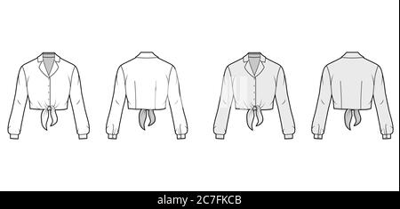 Cropped tie-front shirt technical fashion illustration with notched lapel collar and long sleeves. Flat apparel blouse template front back, white and grey color. Women, men and unisex top CAD mockup Stock Vector