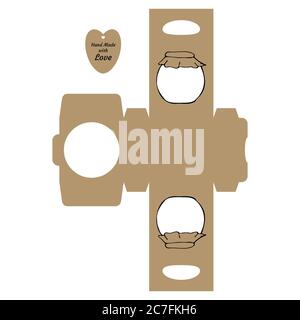 Simple Packaging Box Die Cut Cube Template with jar and tag with text “Thank You Hand Made with Love” on white background - Vector Draw Graphic Design Stock Vector