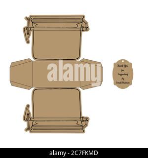 Simple jar-shaped Packaging Box Die Cut Cube Template and tag with text “Thank You for Supporting My Small Business” on white background - Vector Draw Stock Vector