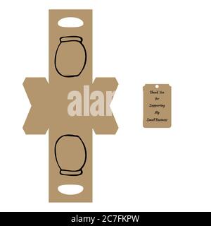 Simple Packaging Box Die Cut Cube Template with jar and tag with text “Thank You for Supporting My Small Business” on white background - Vector Draw G Stock Vector