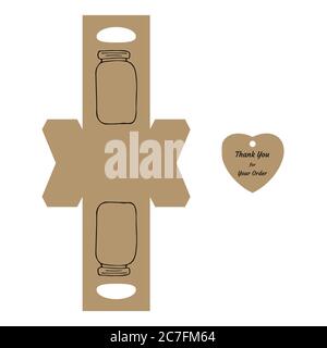 Simple Packaging Box Die Cut Cube Template with jar and tag with text “Thank You for Your Order” on white background - Vector Draw Graphic Design. Stock Vector