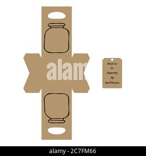 Simple Packaging Box Die Cut Cube Template with jar and tag with text “Thank You for Supporting My Small Business” on white background - Vector Draw G Stock Vector